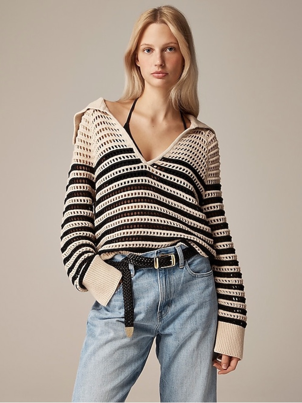 J. CREW Cream and Black Open-Knit Crochet Sailor Collar Sweater